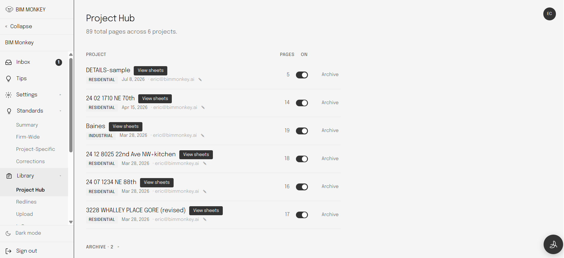 BIM Monkey web app, Project Hub listing six projects with page counts