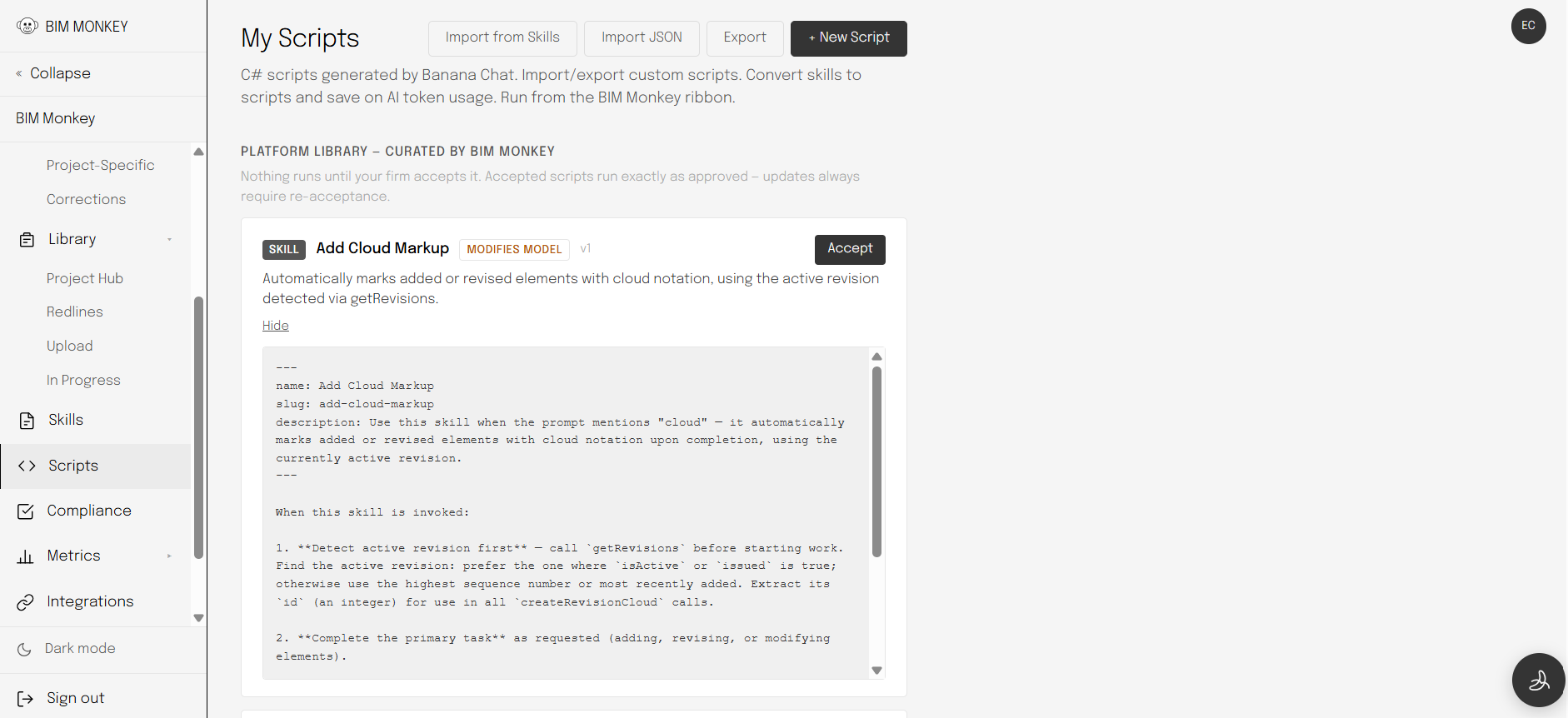 BIM Monkey web app, Platform Library script awaiting firm acceptance