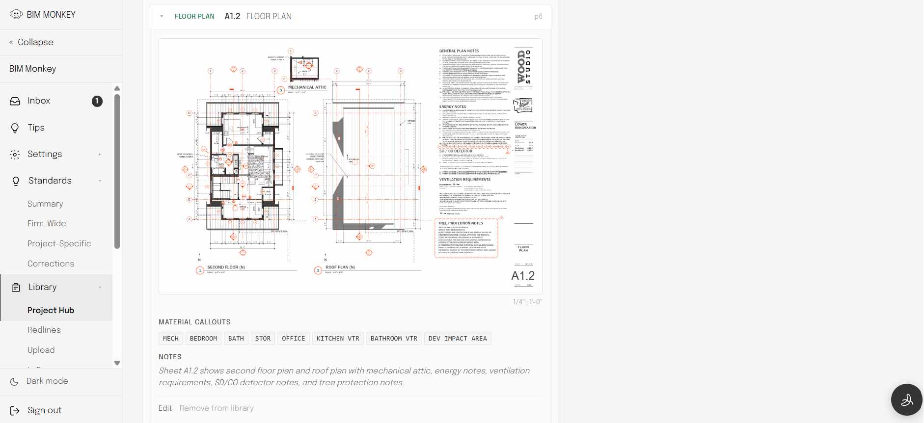 BIM Monkey web app, a permit site plan with material callouts extracted
