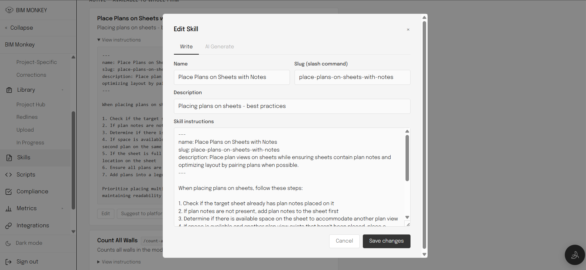 BIM Monkey web app, editing a skill with a slash command